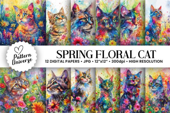 Charming Watercolor Spring Floral Cat Backgrounds